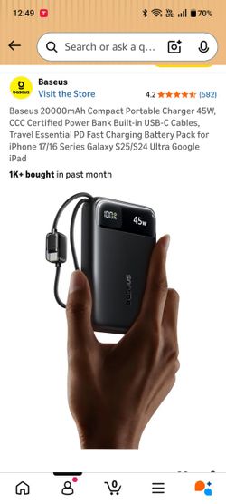 Baseus 20000mAh Compact Portable Charger 45W, CCC Certified Power Bank Built-in USB-C Cables