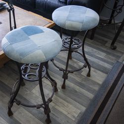 Rustic Metal Barstools With Vintage Denim Upholstery Seat