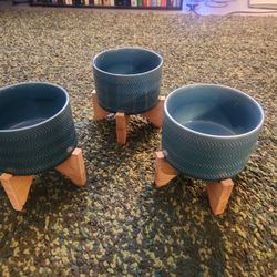 5 Inch Small Blue Ceramic Planter Pot With Wood Stand