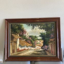 Daniel Dejoux Original oil painting on canvas, a village scene with a church tower, 33x25 in, Vintage