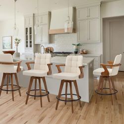 30” set of 4 Bar Height Bar Stools,Leather Upholstered Bar Chair, Swivel Bar Stools with Back and Arms，Modern Beige Barstool  for Kitchen Island