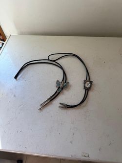 Vtg Lot of 2 Bolo Ties Silver-Tone Great Shape 17” OBO
