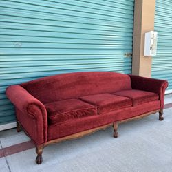 Vintage Victorian Blood Red Velvet Sofa w/ Claw Feet •FREE DELIVERY•
