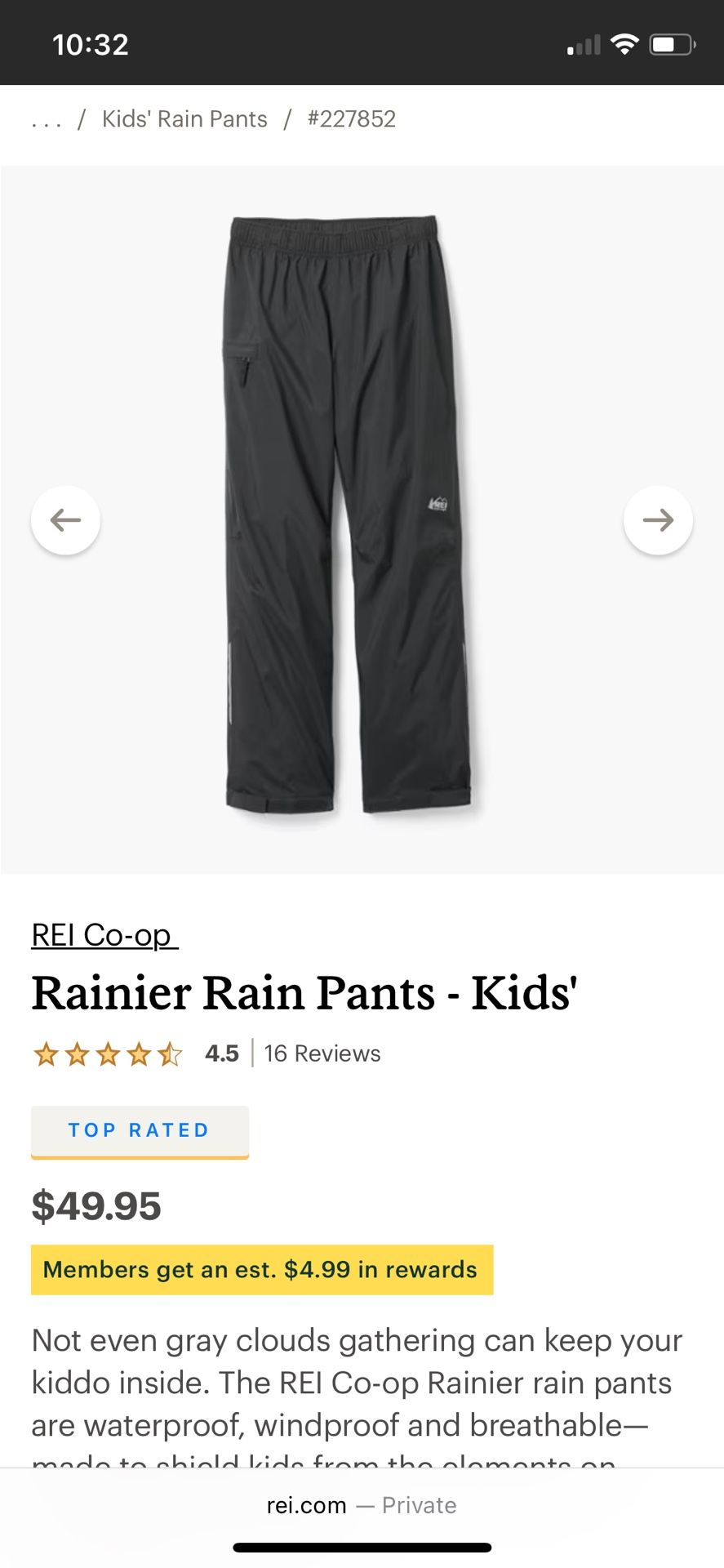 REI Co-op Rainier Rain Pants - Kids