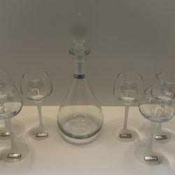 Vintage Colony Romania Hand Made Decanter & 6 Stem Glass Set Frosted White New Old Stock