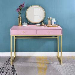 Vanity desk and Mirror , Jewelry Tray, Pink finish, Gold metal base. New Especial price 