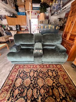 Super Comfy Sage Green Dual Reclining Theater Couch with Cup Holders