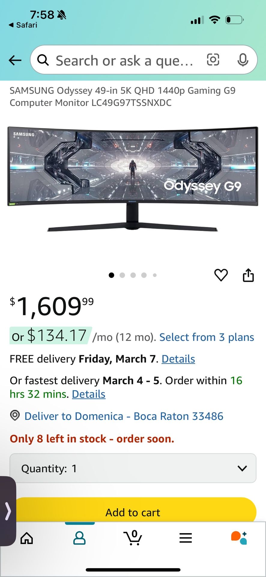 SAMSUNG Odyssey 49-in 5K QHD 1440p Gaming G9 Computer Monitor LC49G97TSSNXDC