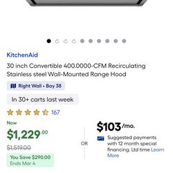 Kitchen Aid Hood  Like New Almost Never Used