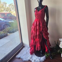 Burgundy tulle sequin A-Line gown with sheer corset bodice, it can be wear as off the shoulder  with ruffle high slit skirt /SIZE 10-Medium