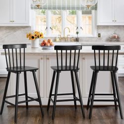 Windsor Wooden Bar Stools Set of 3 for Kitchen Island, Farmhouse 26 Inch Counter Height Stools Chairs with Spindle Back, Black