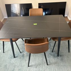 Metal Table And Brown Leather Chair Set