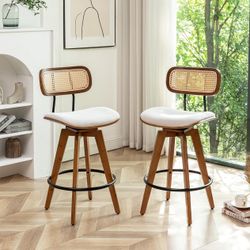 26" Rattan Bar Stools Set of 2, Linen Fabric Counter Height Swivel Barstools with Rattan Backrest and Wooden Legs,Armless Mid Century Modern Bar Chair