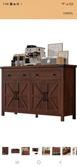 Buffet Cabinet with Storage Farmhouse with 4 Doors and 2 Drawers, 55'' Large Kitchen Storage Cabinet Cherry Wood Coffee Bar Buffet Sideboard for Kitch
