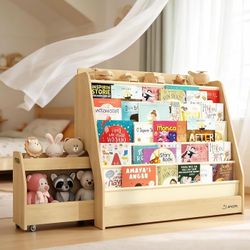 2-in-1 Bookcase Set 5-Tier Kids Bookshelf and Toy Storage with Rolling Book cart, Hideable Storage for Nursery, Playroom, Classroom, Nature