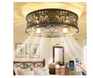 20 in. Indoor Bronze Farmhouse Vintage Caged Reversible Flush Mount Ceiling Fan - New
