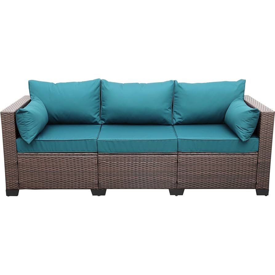 WAROOM Patio Couch PE Wicker 3-Seat Outdoor Brown Rattan Sofa Deep Seating Furniture with Non-Slip Peacock Blue Cushion