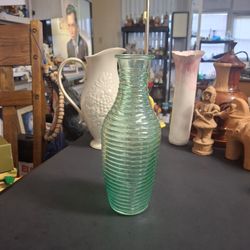 Vintage Mid 20th Century Green Ribbed Russian Pressed Glass Vase - Mid Century Modern 8.5" Tall