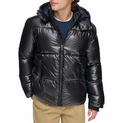 Tommy Hilfiger Men's Shiny Quilted Puffer With Patch Logo, Black, Medium
