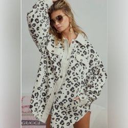 BiBi Corduroy Cream Black Cheetah Print Jacket SZ XL Oversized Shacket