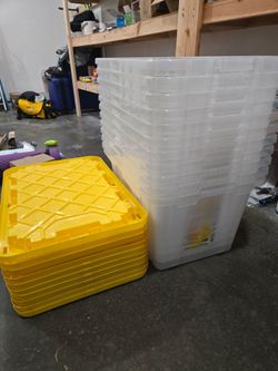Home Depot HDX - 27 Gal. Tough Storage Tote in Clear with Yellow Lid - 11 AVAILABLE