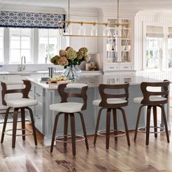 Arabela 26 in. Beige Gray Solid Wood Swivel Bar Stool Faux Leather Kitchen Counter Stool with Walnut Frame Set of 4