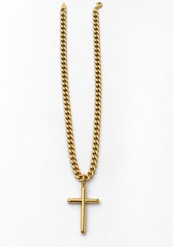 18K / 750 Solid Yellow Gold 18" Cuban Chain Necklace with Cross Pendant