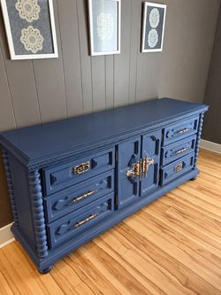 Refinished Navy Blue Dresser with Brass Hardware
