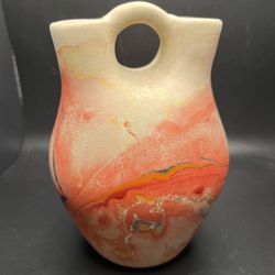 Vintage Nemadji Pottery Red Swirl Wedding Jar Vase Double Spout