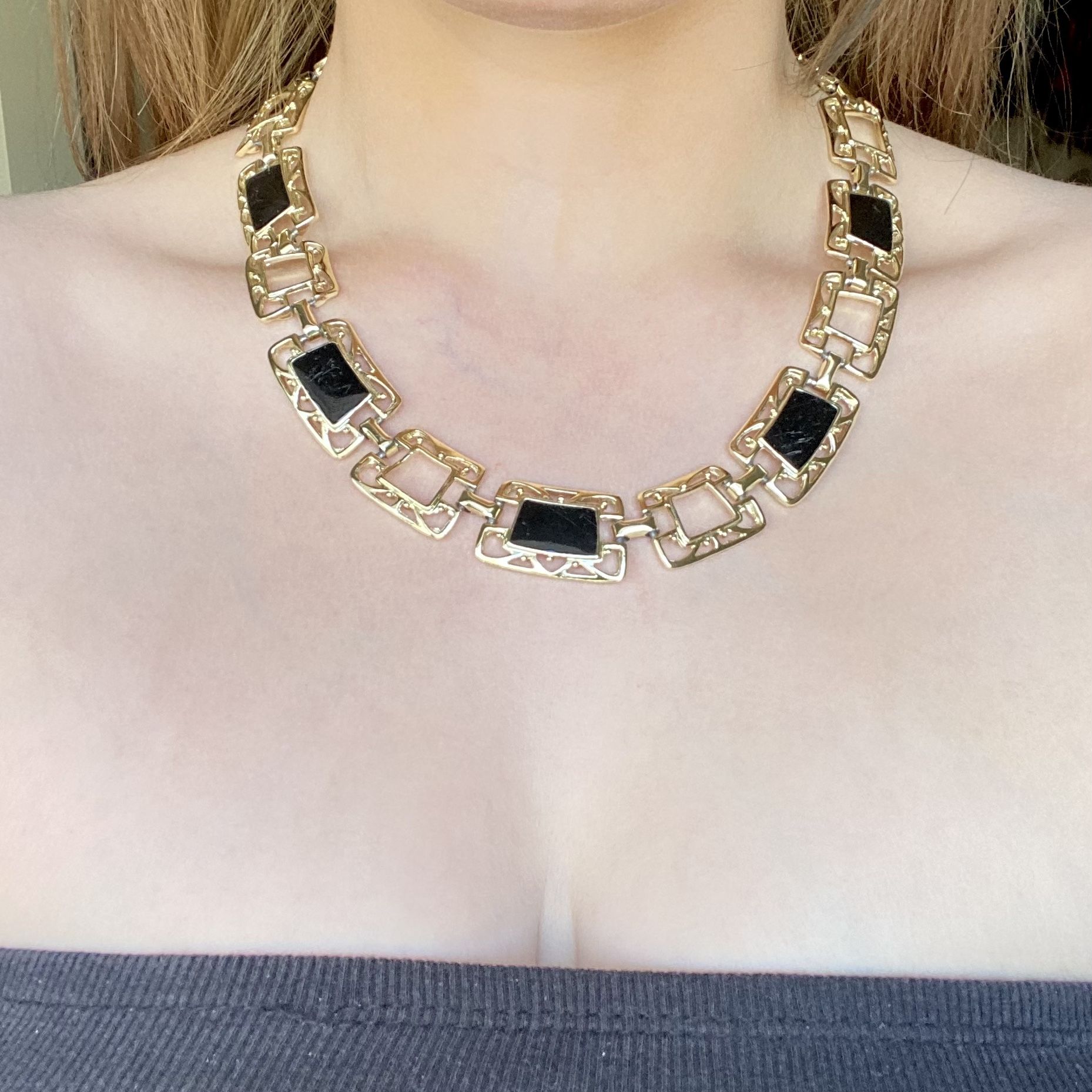 Vintage Chunky Black Enamel Silver Necklace