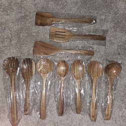 Nonstick Cooking Utensil Set 10 Piece Acacia Wooden Spatulas and Spoons New