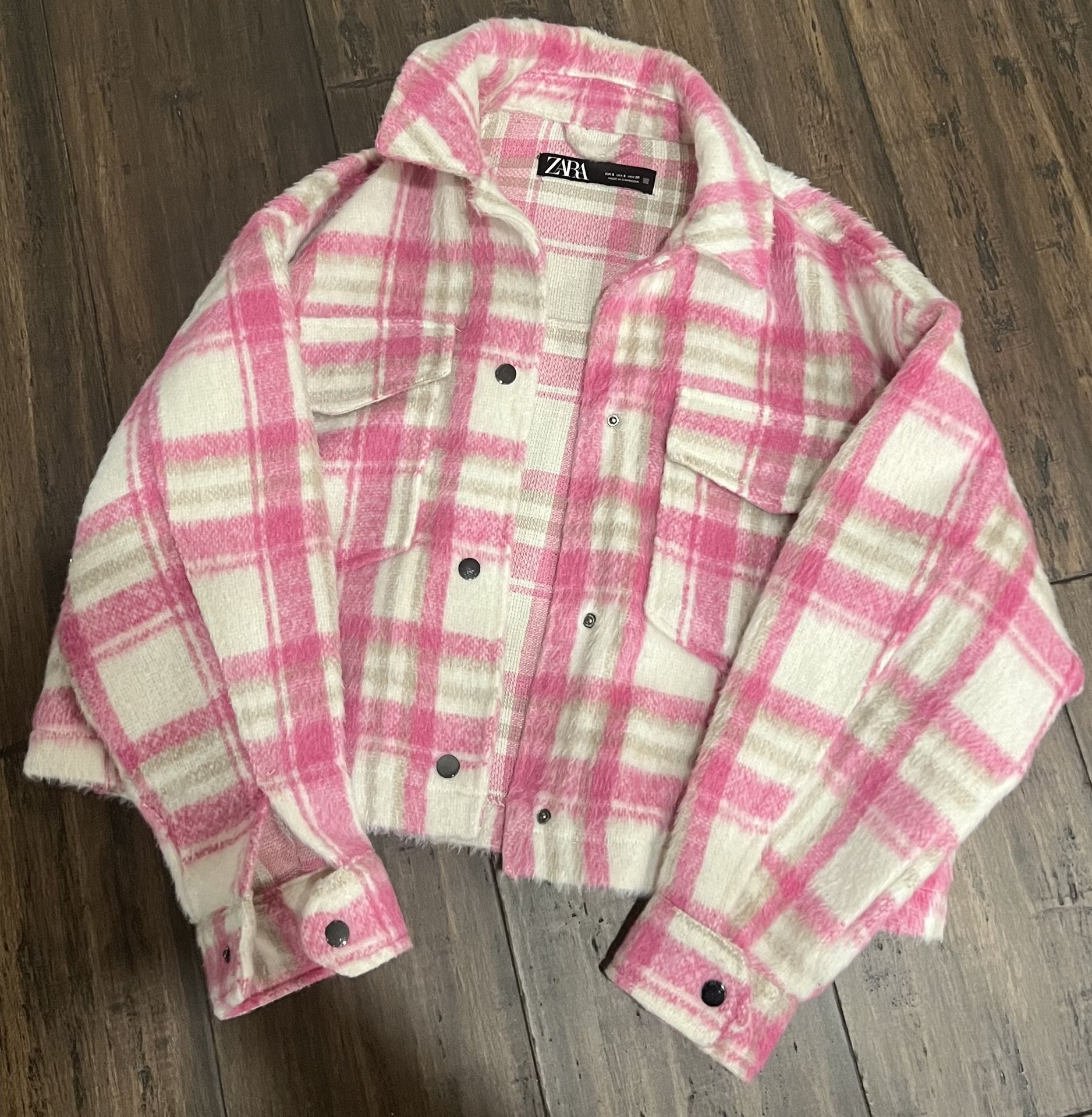 Zara Pink Plaid Cropped Overshirt Jacket Size Small