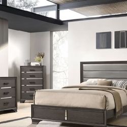 Queen Bed  Gray Glam Mirrored Insets Upholstered Headboard Matching Chest of Drawers (5) and Nightstand