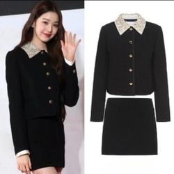 Kpop Black Small Incense Wind Suit Women's Autumn Short Cardigan Two Pieces Set