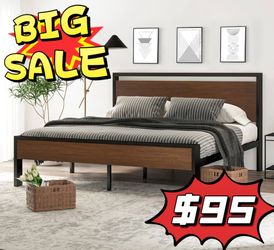 BIG SALE 14 Inch King Size Metal Platform Bed Frame with Wooden Headboard and Footboard, Mattress Foundation, No Box Spring Needed, Large Under Bed St