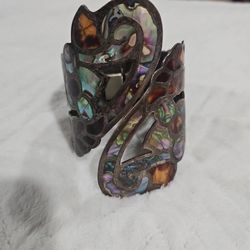 Vtg STERLING SILVER ABALONE HINGED ARTISAN CUFF Clamper BRACELET signed
