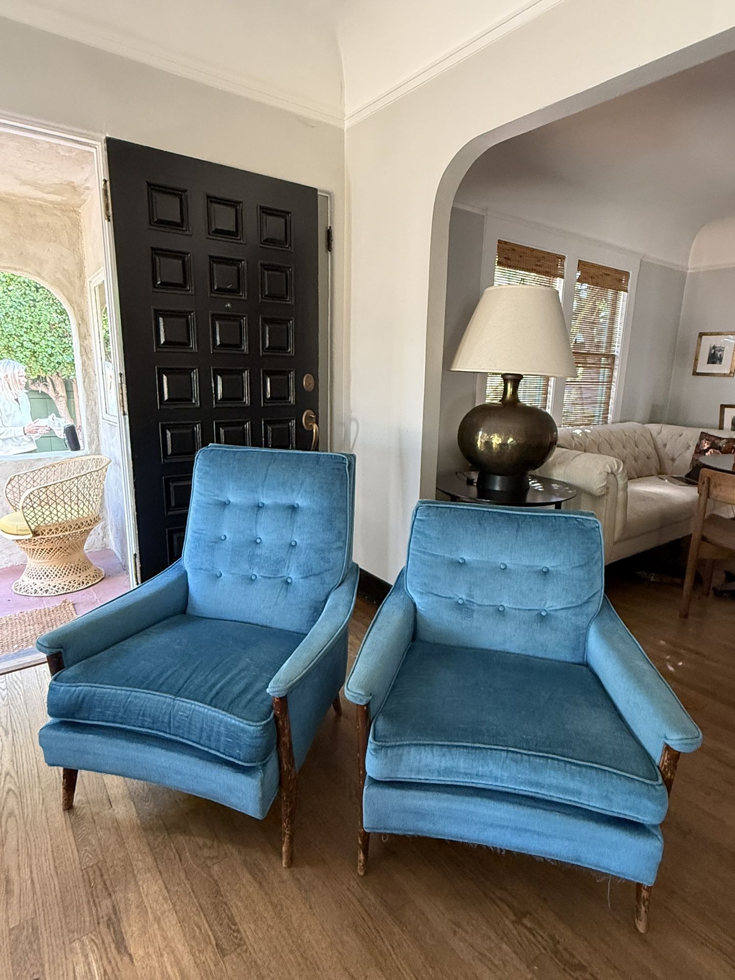 Mid century Modern Chairs Pair Turquoise Velvet