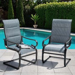 Patio Metal Dining Chairs Set of 2, C-Spring Motion and Padded Textilene