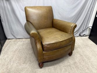SAM MOORE Olive Green Distressed Leather Club Chair w/ Nailhead Trim