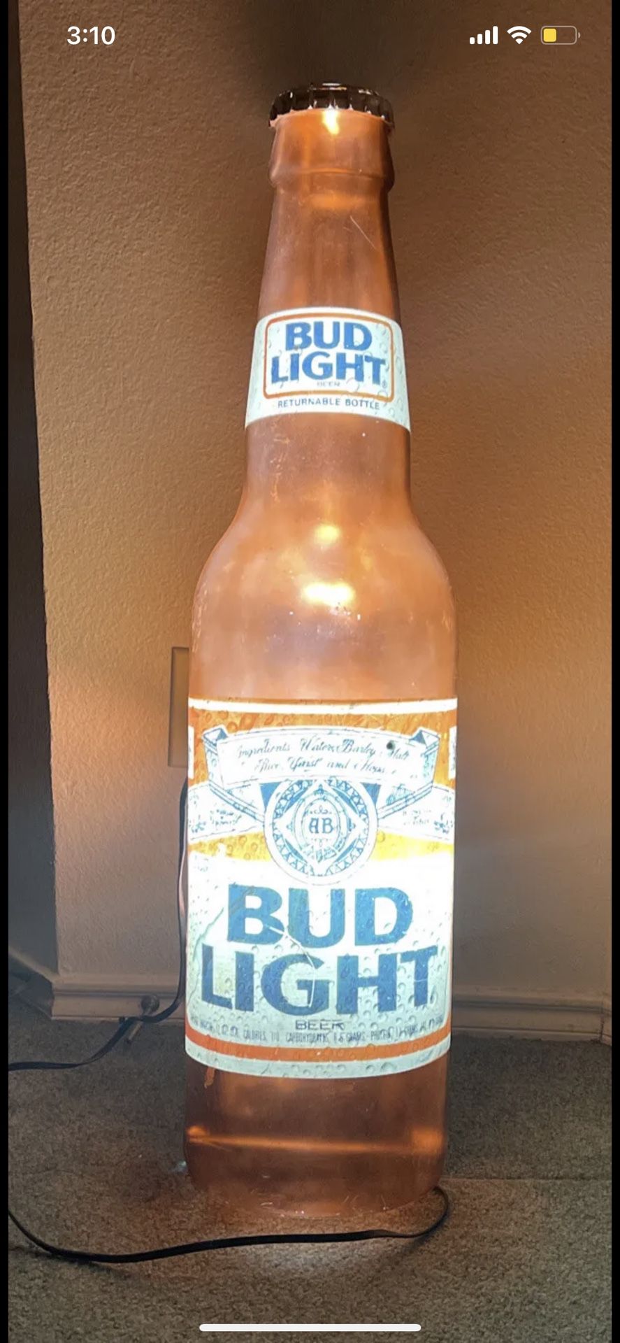 Vintage Bud Light Beer Bottle Lamp Sign Advertising Advertisement