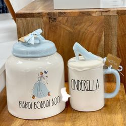 Rae Dunn Disney Cinderella Bibbidi Bobbidi Boo Canister & Cinderella Mugw/Topper