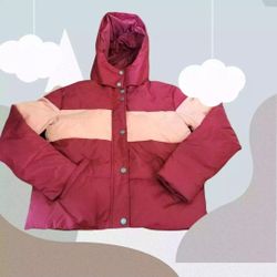 Roxy Puffer Jacket Out Of Focus Cropped Hooded Red Pink Color Block Adult SZ S