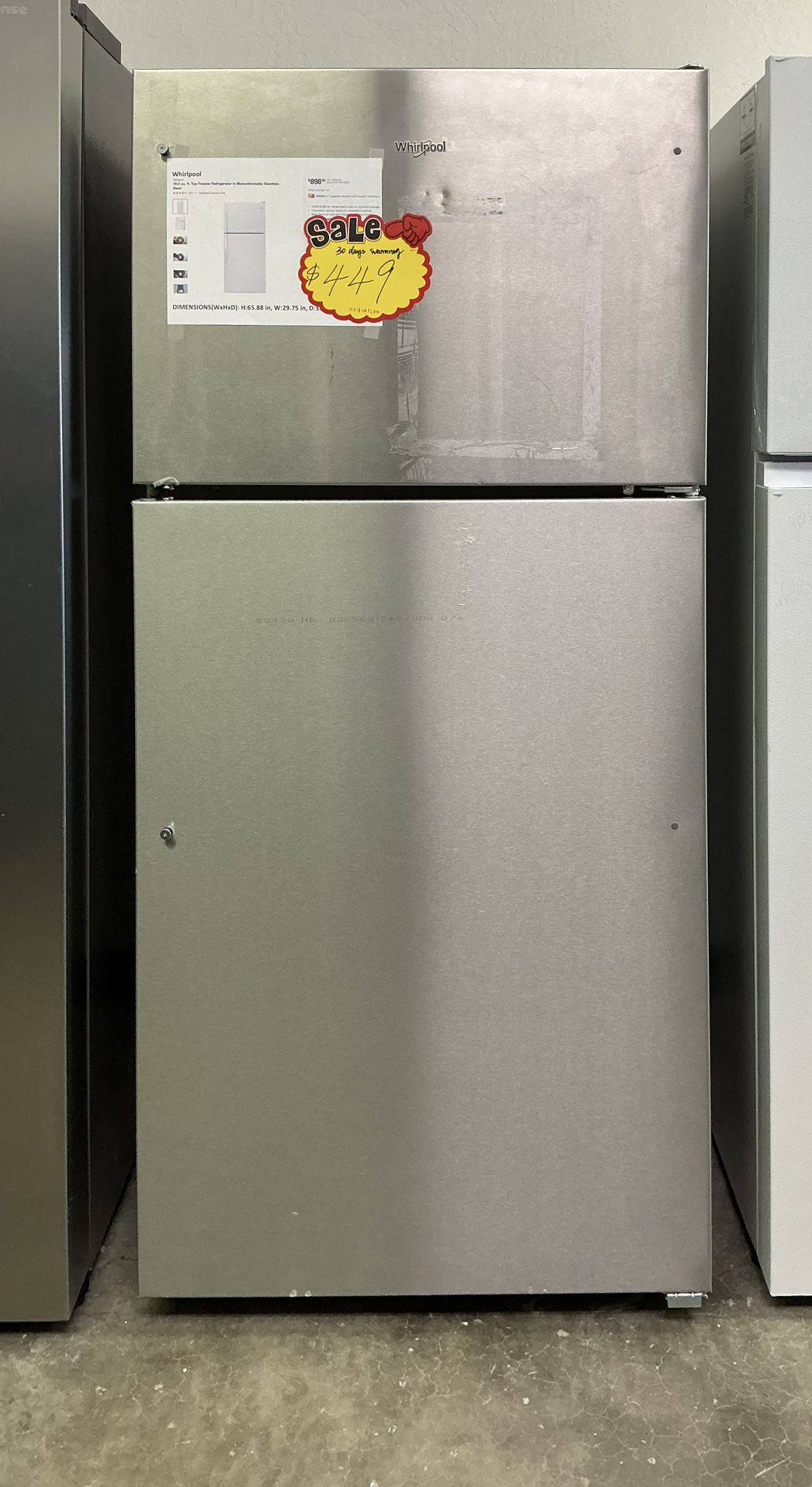 Whirlpool 18.2 cu. ft. Top Froozer Refrigerator 30 Days Warranty