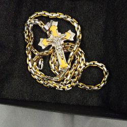 Men Italian Link Set/cross, Chain &bracelet /2tones/yellow And White Gold Plated /chain 20 Inches&bracelet 9 Inches