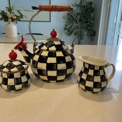 Mackenzie Childs Tea Kettle And Cream And Sugar 