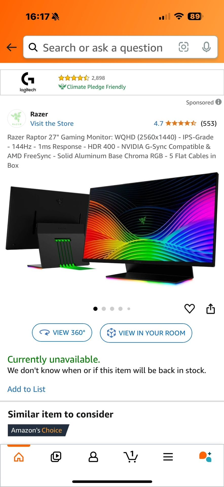 27 Inch 144hz Razer Monitor For Sale