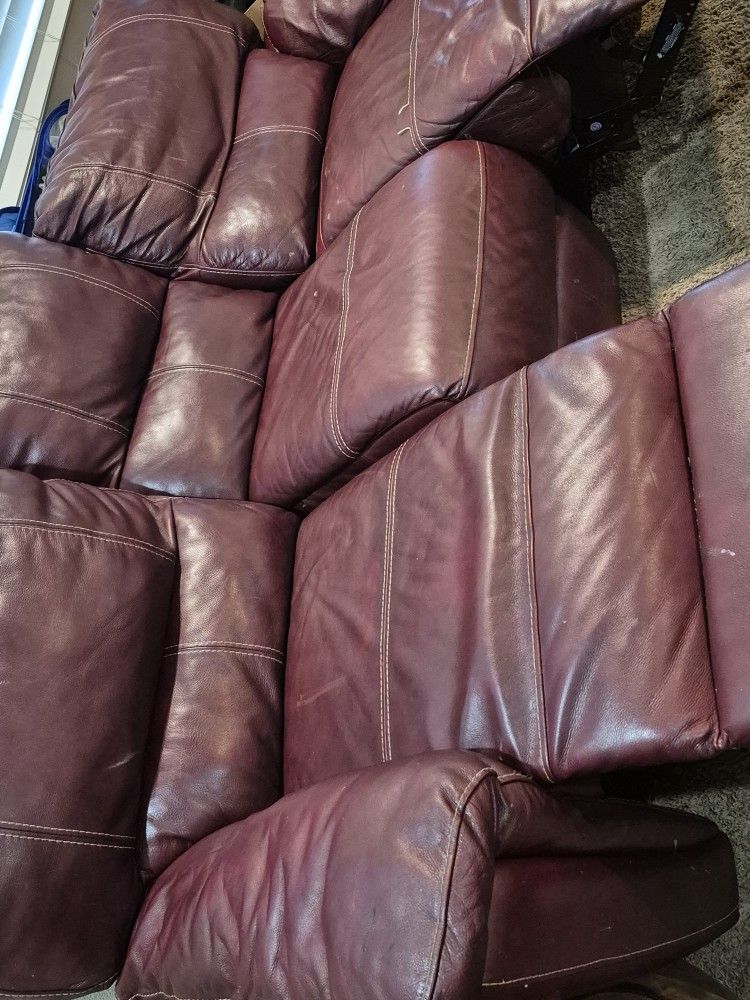 Burgandy Vegan Leather Power Recliner Sofa And Love Seat