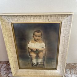 Vintage 1940s Framed Child Portrait – Hand Colored