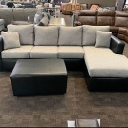 New Black And Grey Sectional And Ottoman 