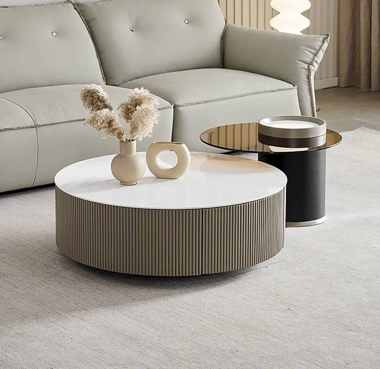Modern Round Set of 2 Coffee Table, Mid Century Center Table with Drawer Storage ,Tempered Glass Tabletop Accent Sofa Side End Table for Living Room(